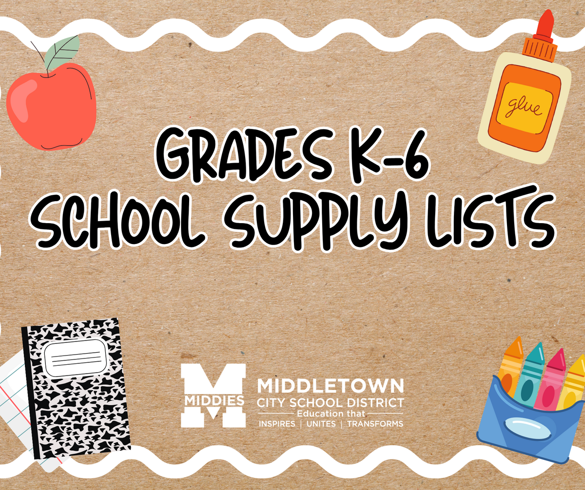 school supplies in background, title "school supply lists grades k-6", MCSD logo